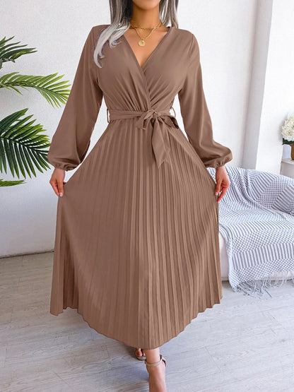 Elara Lace-Up Pleated Maxi Dress