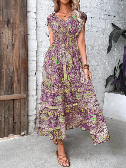 Summer Women's Short Sleeved Dress Long V-neck Cinched Waist New Style French Temperament Bohemian Vacation Style Printed Dress