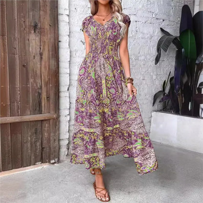 Summer Women's Short Sleeved Dress Long V-neck Cinched Waist New Style French Temperament Bohemian Vacation Style Printed Dress