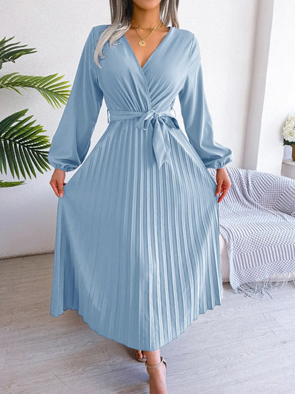 Elara Lace-Up Pleated Maxi Dress
