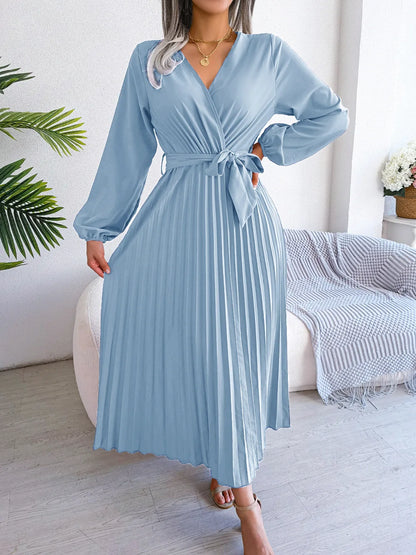 Elara Lace-Up Pleated Maxi Dress