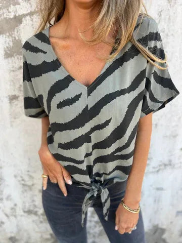 Sara Lace-Up Zebra Print Blouse