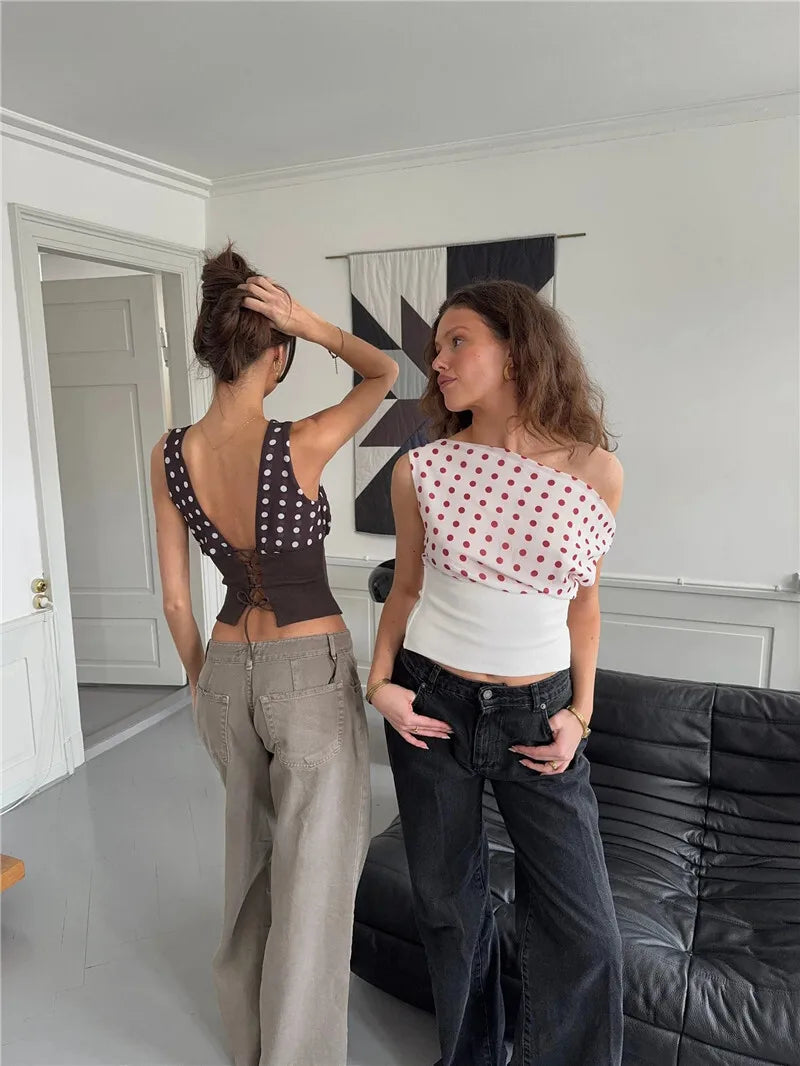 Lorenza Polka Dot One-Shoulder Crop Top