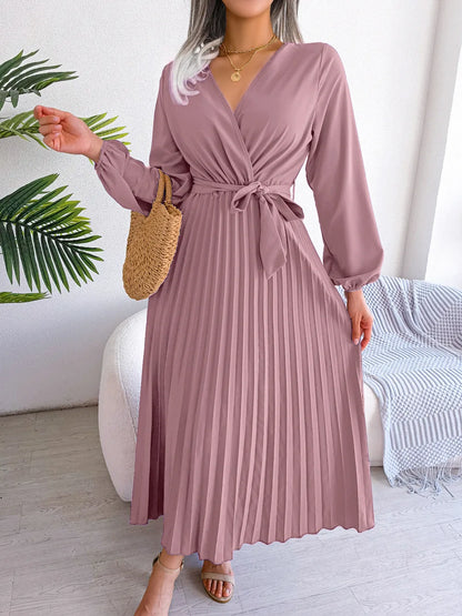 Elara Lace-Up Pleated Maxi Dress