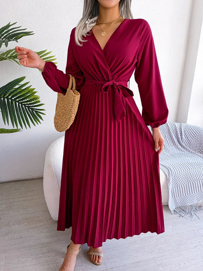 Elara Lace-Up Pleated Maxi Dress