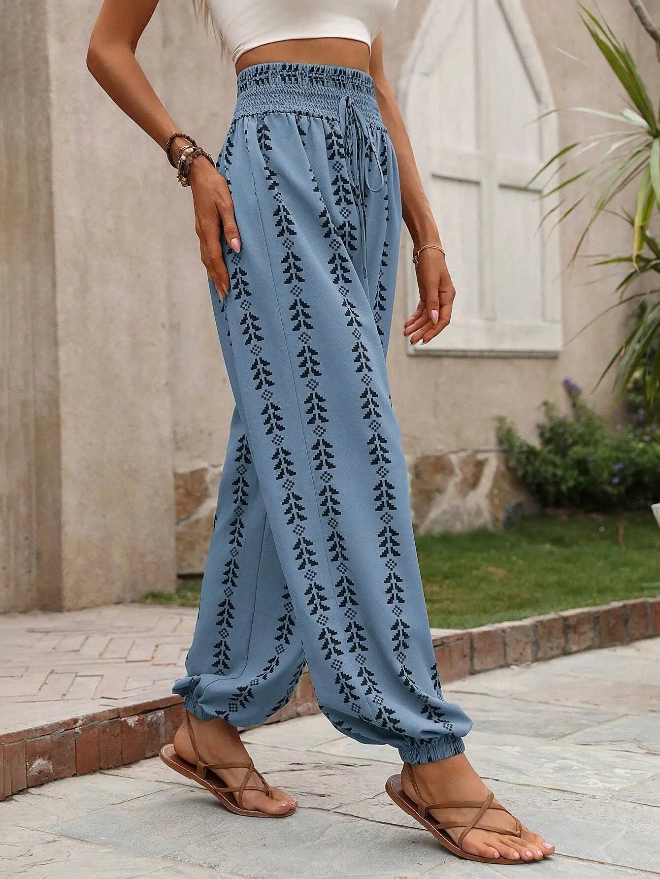 Noa Grid Wide-Leg Lantern Pants