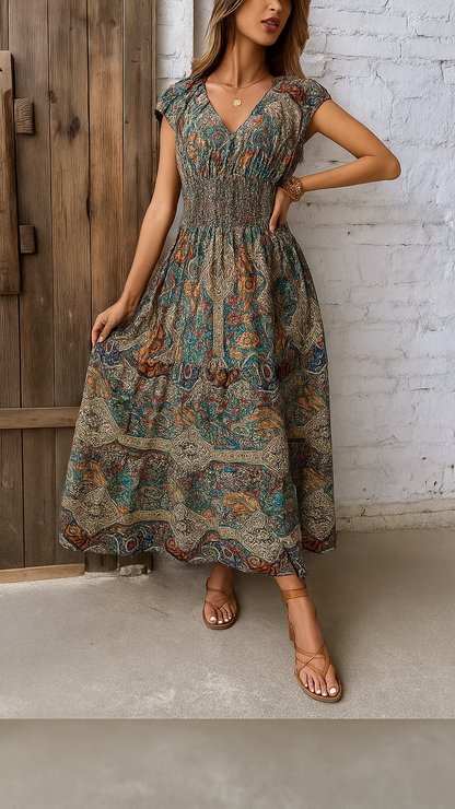 Summer Women's Short Sleeved Dress Long V-neck Cinched Waist New Style French Temperament Bohemian Vacation Style Printed Dress