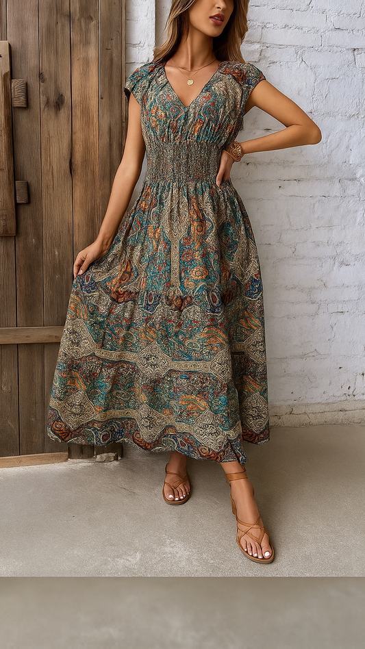 Summer Women's Short Sleeved Dress Long V-neck Cinched Waist New Style French Temperament Bohemian Vacation Style Printed Dress
