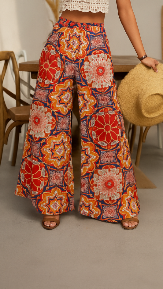 Zahara Ethnic Print Wide-Leg Pants